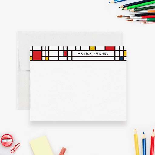 Mondrian personalized note card with geometric design and name