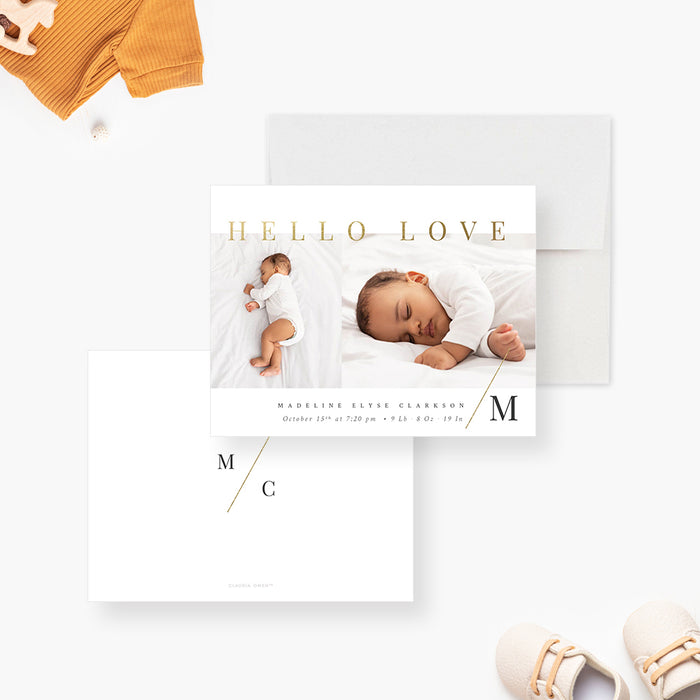 Monogram Announcement Card with Baby Photo, Hello Love Minimalist Baby Announcement Cards