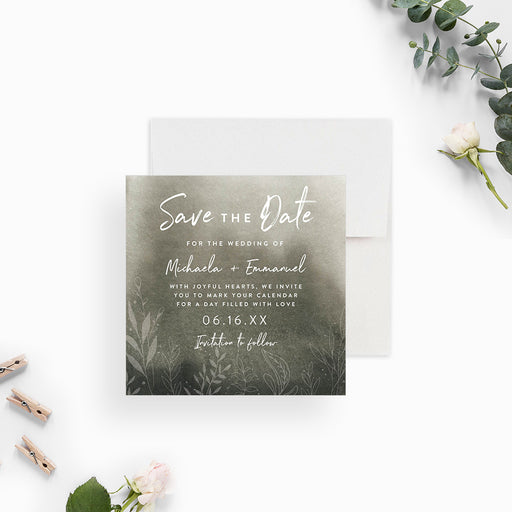 moody green botanical wedding save the date card with soft watercolor background, white lettering, and delicate foliage details-front