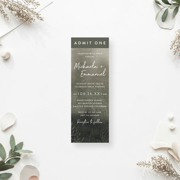 moody green botanical wedding ticket invitation with watercolor background, white lettering, and delicate foliage accents