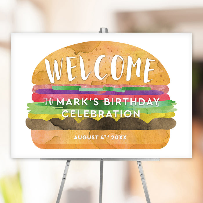 Burger-themed birthday welcome sign showcasing a watercolor-style hamburger customized with your party details.