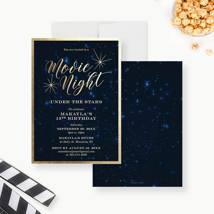 Navy blue and gold movie night birthday invitation with a starry night sky background and customizable details.-front-back