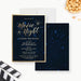 Navy blue and gold movie night birthday invitation with a starry night sky background and customizable details.-front-back