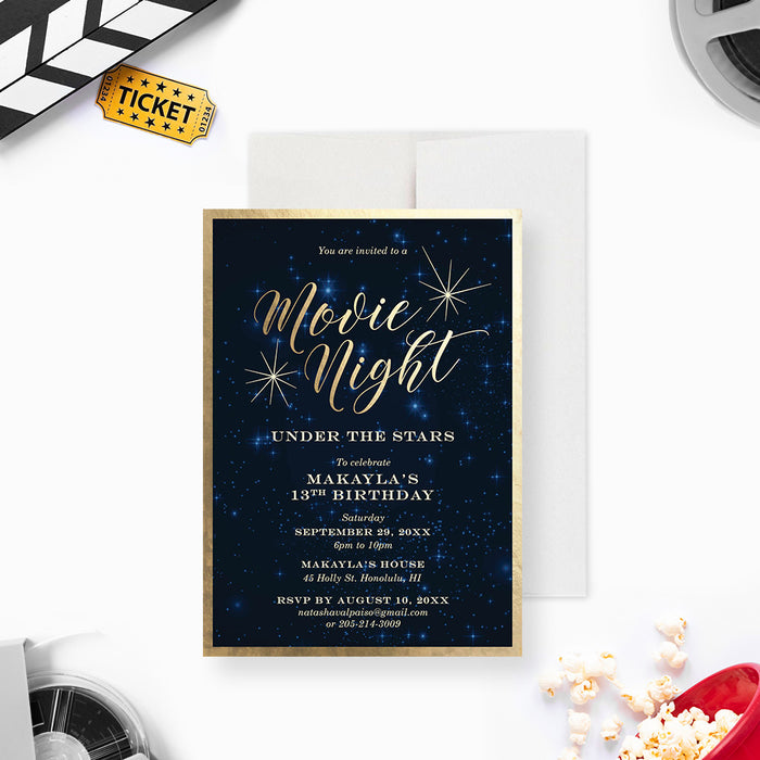 Navy blue and gold movie night birthday invitation with a starry night sky background and customizable details.-front