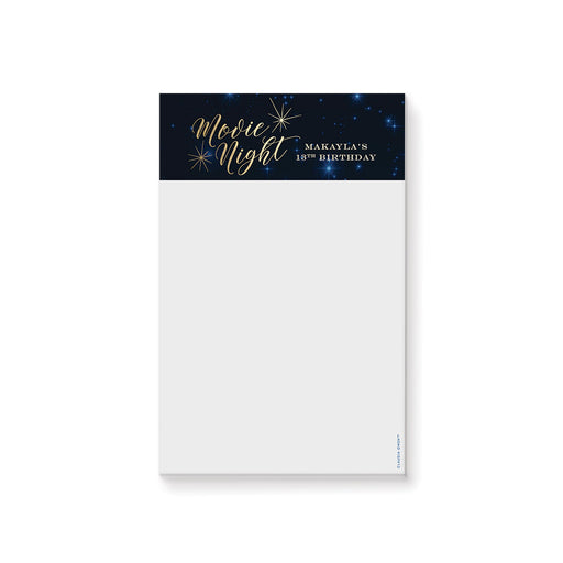 Personalized movie night notepad featuring a navy starry header and gold script, customized with the birthday girl's name.