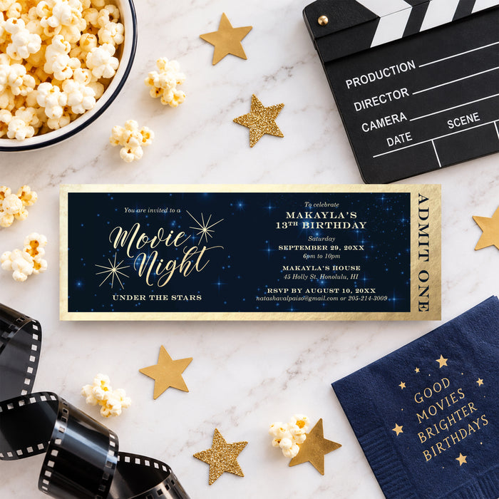 Personalized birthday ticket invitation featuring a starry night design for movie nights or party events.