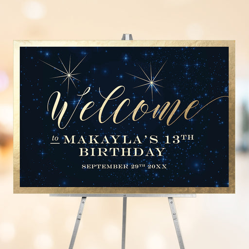 Movie night birthday party welcome sign with navy blue starry background and gold script text.