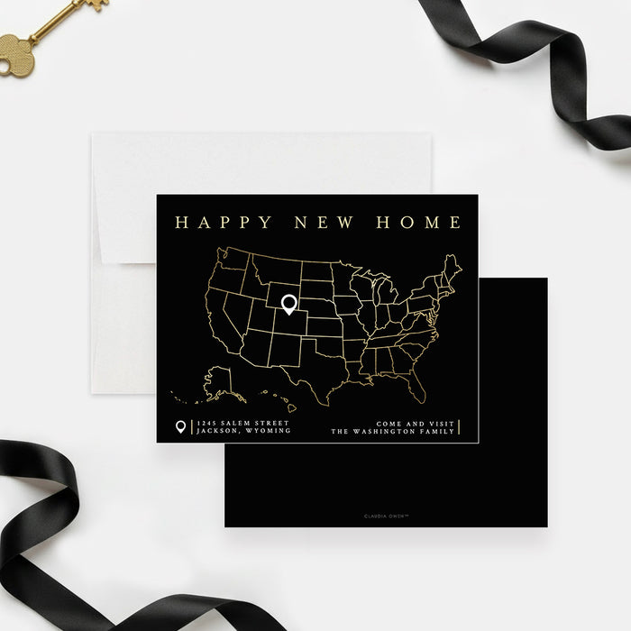 new home moving announcement card with black background, gold-colored U.S. map, location marker, family name, and personalized address details-front-back