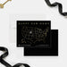 new home moving announcement card with black background, gold-colored U.S. map, location marker, family name, and personalized address details-front-back