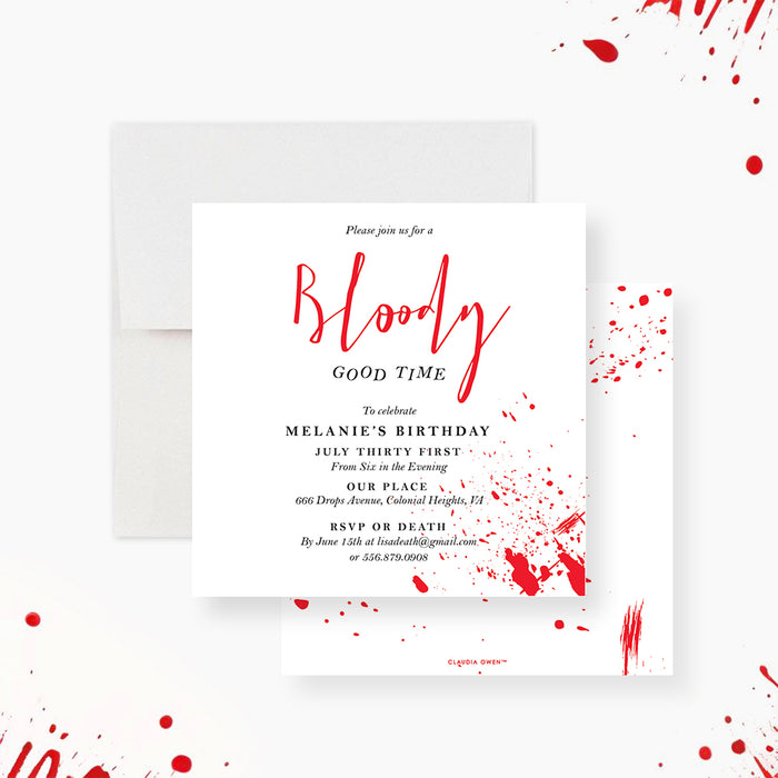 Personalized birthday invitation card featuring a red blood-splatter design and customizable bloody party details.-front-back