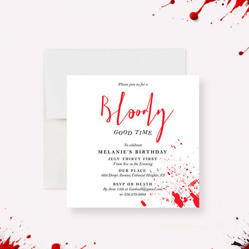 Personalized birthday invitation card featuring a red blood-splatter design and customizable bloody party details.-front