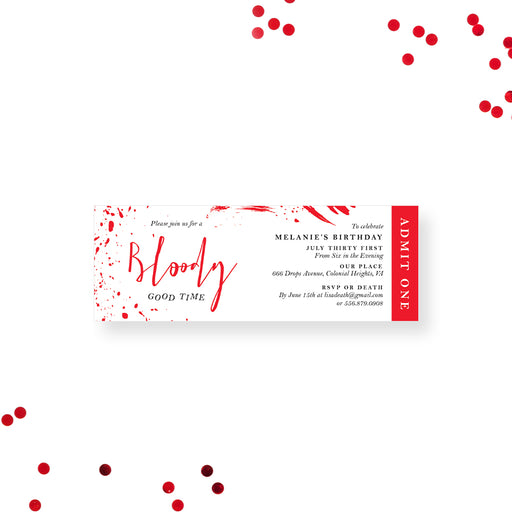 Bloody ticket invitation with red blood splatter, custom admit one party pass for gothic birthday celebration