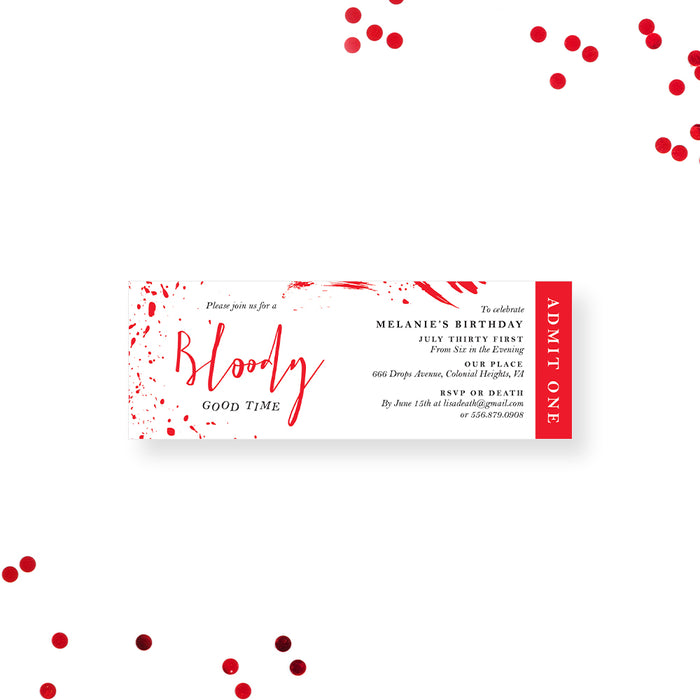 Bloody ticket invitation with red blood splatter, custom admit one party pass for gothic birthday celebration