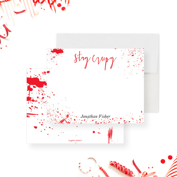 Custom bloody note card with “Stay Creepy” text, red blood splatter design, unique Halloween and birthday gift idea-front-back