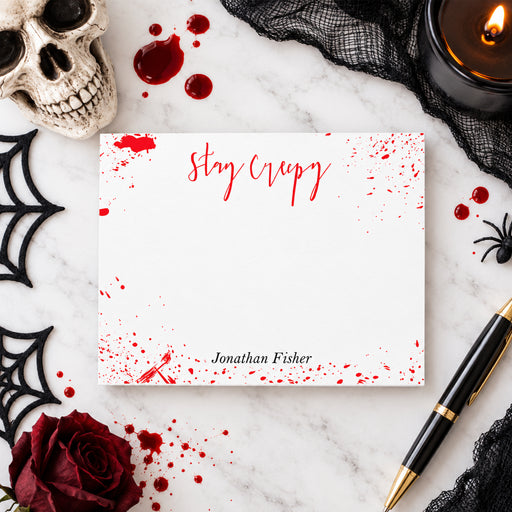Custom bloody note card with “Stay Creepy” text, red blood splatter design, unique Halloween and birthday gift idea-front