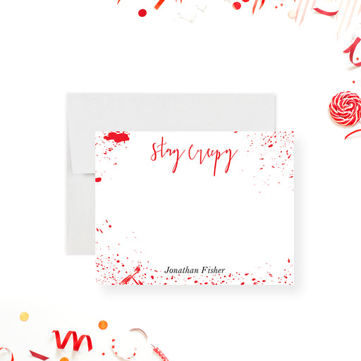 Custom bloody note card with “Stay Creepy” text, red blood splatter design, unique Halloween and birthday gift idea-front