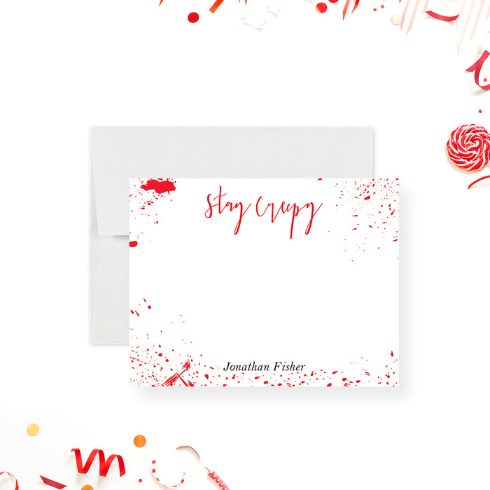 Custom bloody note card with “Stay Creepy” text, red blood splatter design, unique Halloween and birthday gift idea-front