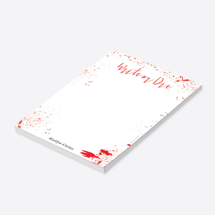 Personalized bloody “Write or Die” notepad with a red splatter design, perfect for birthdays or gothic party favors.-side