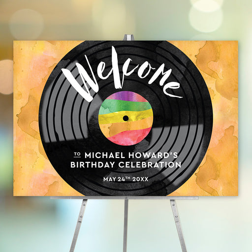 Retro vinyl record welcome sign featuring a colorful watercolor background and bold typography, customizable for birthdays, retro parties, and music-themed events.