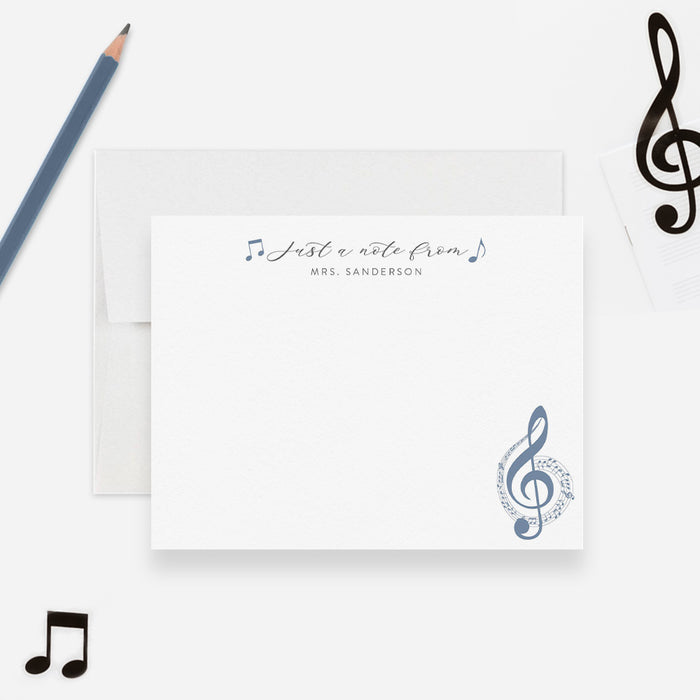 Personalized music teacher note cards with treble clef design