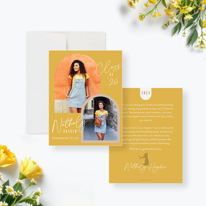 Class of 2026 graduation announcement card featuring two photos, mustard background, modern arch photo layout, and personalized graduate name-front-back