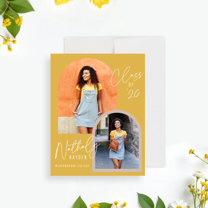 Class of 2026 graduation announcement card featuring two photos, mustard background, modern arch photo layout, and personalized graduate name-front