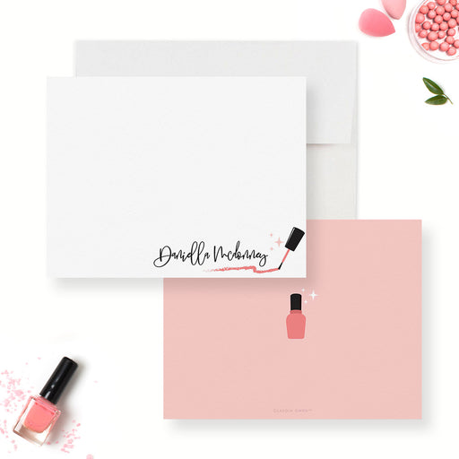 Personalized nail salon thank you card with a polish brush and pink stroke on the front and a polish bottle on the pink back.