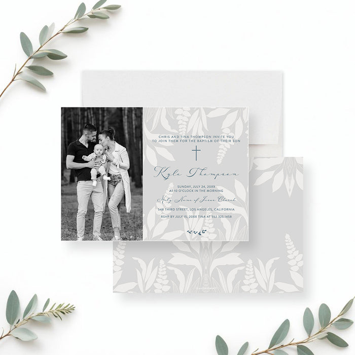 Nature Inspired Baptism Invitation Card with Photo, Modern Christening Invitation for Baby Boys and Girls