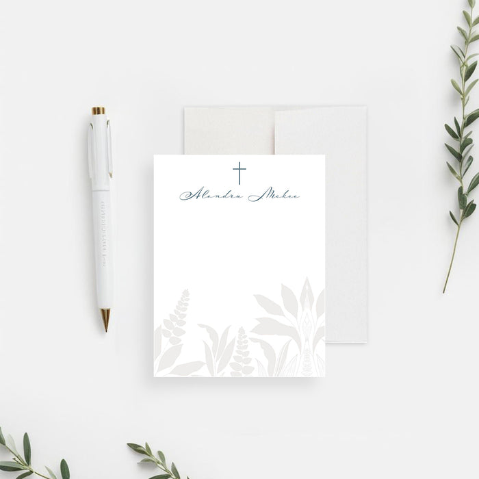 baptism thank you card with botanical design and cross for christening appreciation notes-front