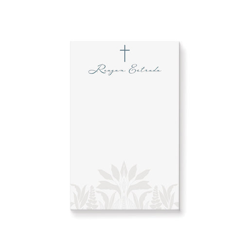 personalized baptism notepad with cross and botanical design for christening favor or gift
