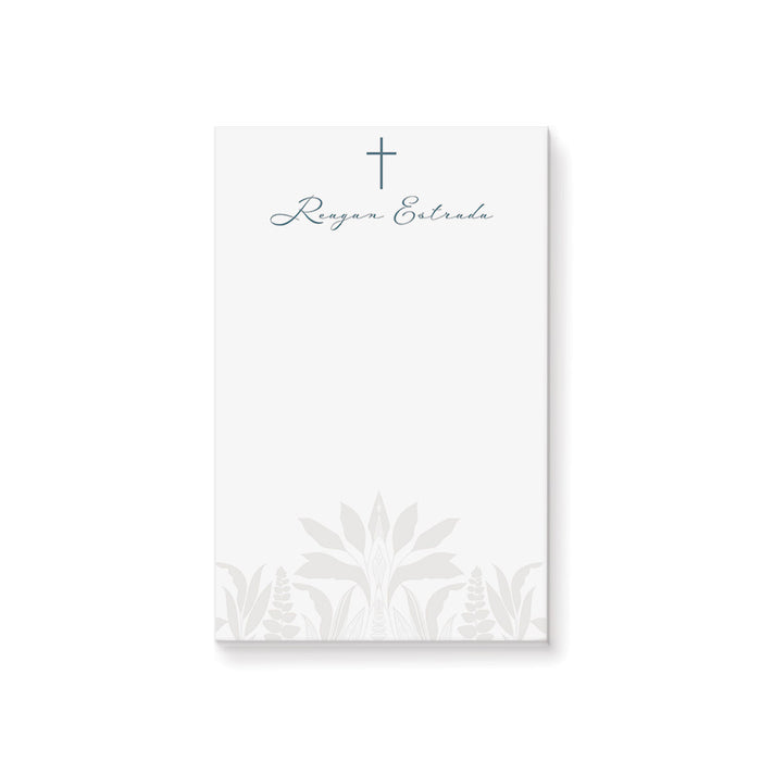 personalized baptism notepad with cross and botanical design for christening favor or gift