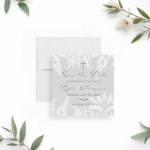 baptism save the date card with botanical pattern and cross for religious christening announcement-front