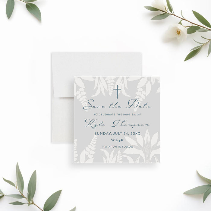 baptism save the date card with botanical pattern and cross for religious christening announcement-front