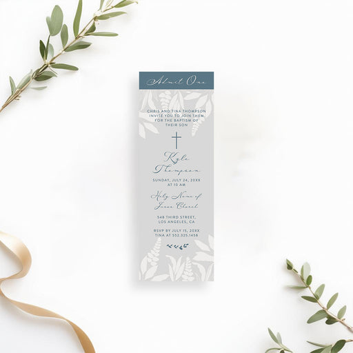 ticket style baptism invitation with botanical accents and cross for christening event
