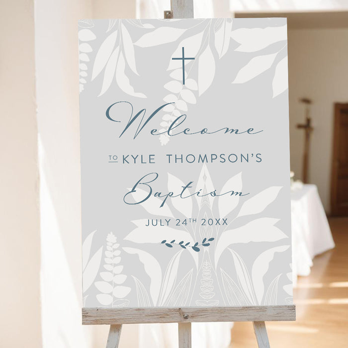 baptism welcome sign with botanical design and cross for christening entrance display