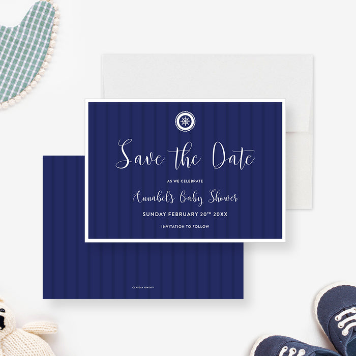nautical baby shower save the date card with navy blue background, ship wheel emblem, and white script lettering-front-back