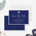 nautical baby shower save the date card with navy blue background, ship wheel emblem, and white script lettering-front-back