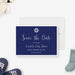 nautical baby shower save the date card with navy blue background, ship wheel emblem, and white script lettering-front