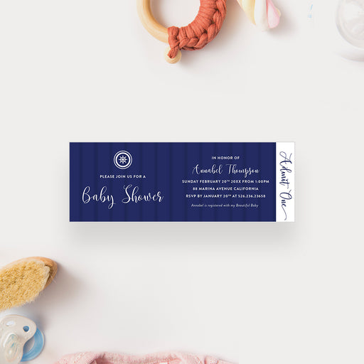 nautical baby shower ticket invitation with navy blue design, ship wheel emblem, and admit one panel