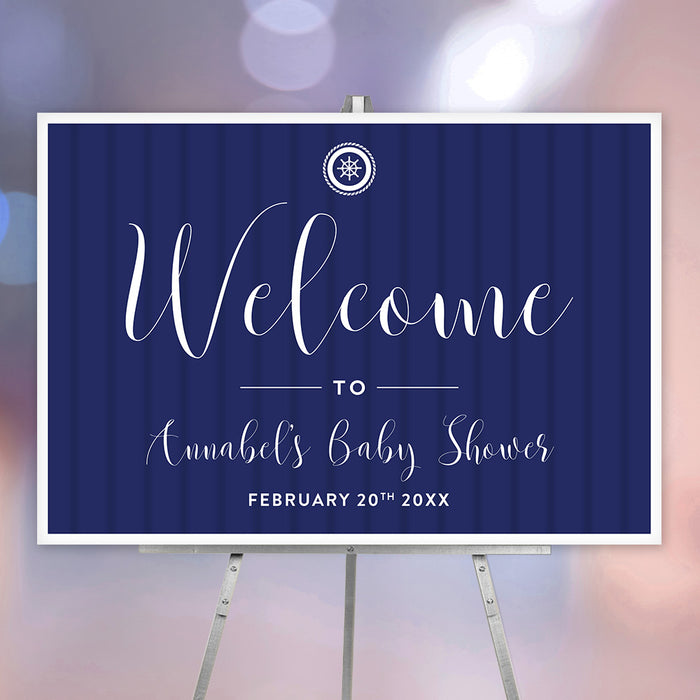 nautical baby shower welcome sign with navy blue background, ship wheel emblem, and personalized event wording