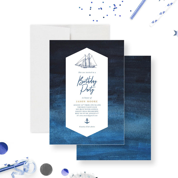 nautical birthday invitation with sailboat illustration, anchor detail, and ocean blue watercolor background-front-back