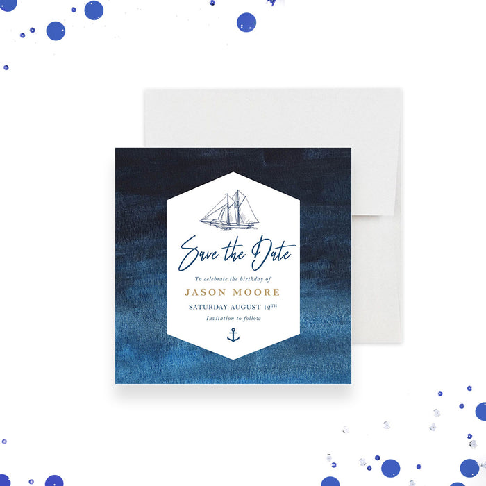 nautical birthday save the date card with sailboat illustration, anchor detail, and ocean blue watercolor background-front