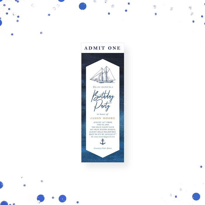 nautical birthday ticket invitation with sailboat illustration, anchor detail, and ocean blue watercolor background