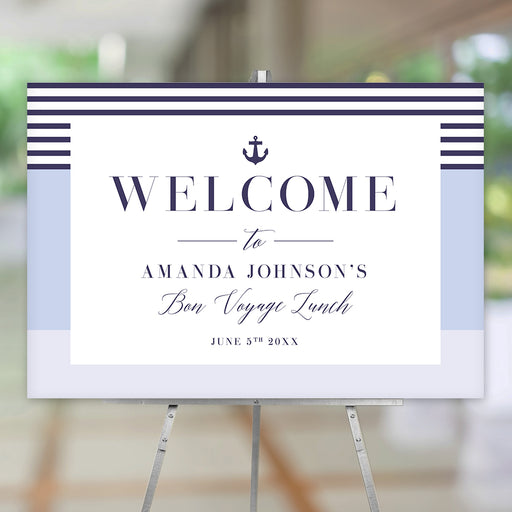 nautical bon voyage welcome sign with navy stripe border, anchor detail, and soft blue accents for a farewell lunch or going away party