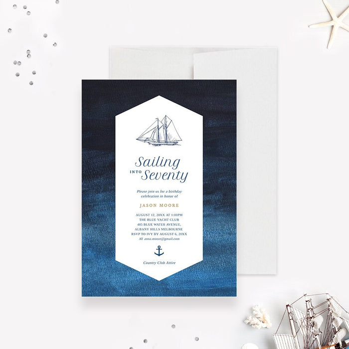 nautical milestone birthday invitation digital template with sailboat illustration and deep blue ocean watercolor design