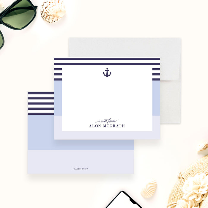 personalized nautical thank you card with navy stripes anchor motif and custom name-front-back
