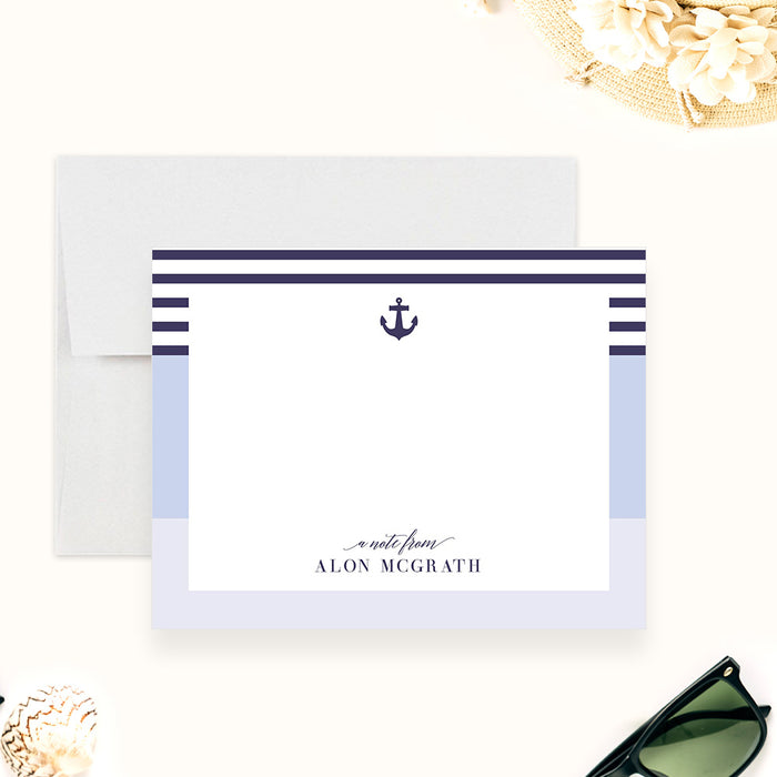 personalized nautical thank you card with navy stripes anchor motif and custom name-front