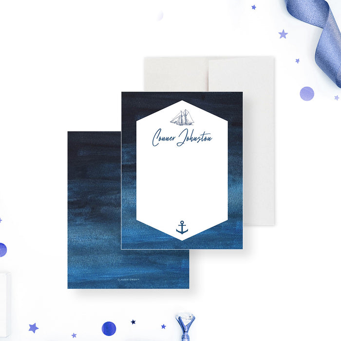 personalized nautical thank you card with sailboat illustration, anchor detail, ocean blue background, and custom name-front-back