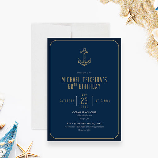 nautical birthday invitation with navy blue background, anchor illustration, and elegant coastal design for a milestone party-front