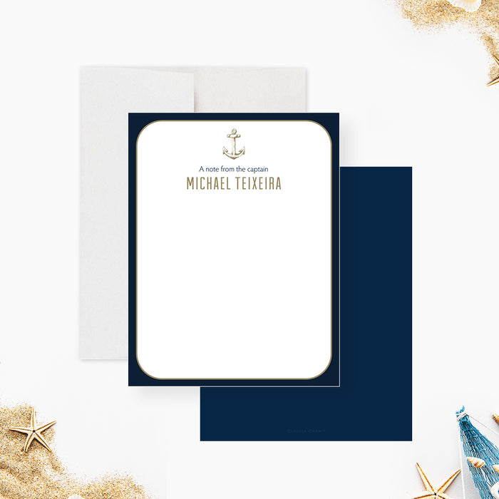 nautical birthday thank you card with navy blue border, anchor illustration, and personalized name for a coastal party note card-front-back